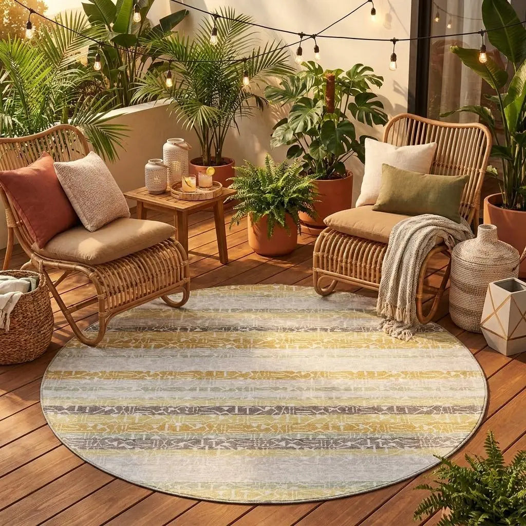 8' Ivory And Linen Round Striped Washable Indoor Outdoor Area Rug Homeroots Outdoor