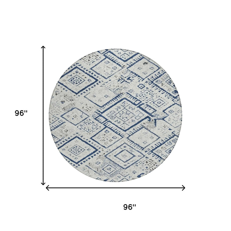 8' Ivory And Navy Blue Round Geometric Washable Indoor Outdoor Area Rug Homeroots Outdoor