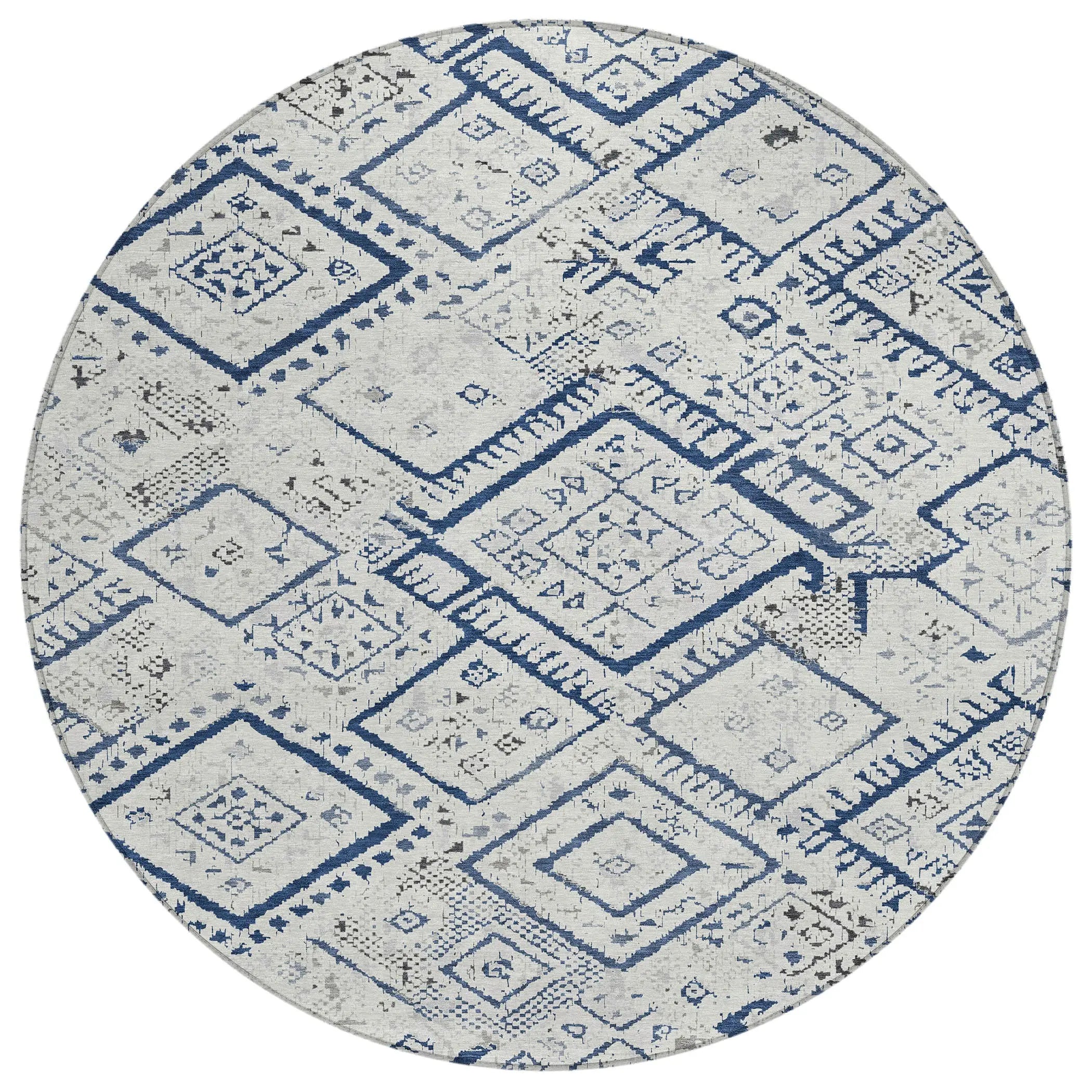 8' Ivory And Navy Blue Round Geometric Washable Indoor Outdoor Area Rug Homeroots Outdoor