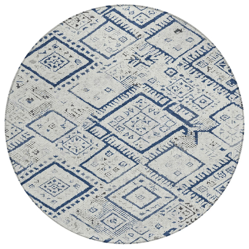 8' Ivory And Navy Blue Round Geometric Washable Indoor Outdoor Area Rug Homeroots Outdoor