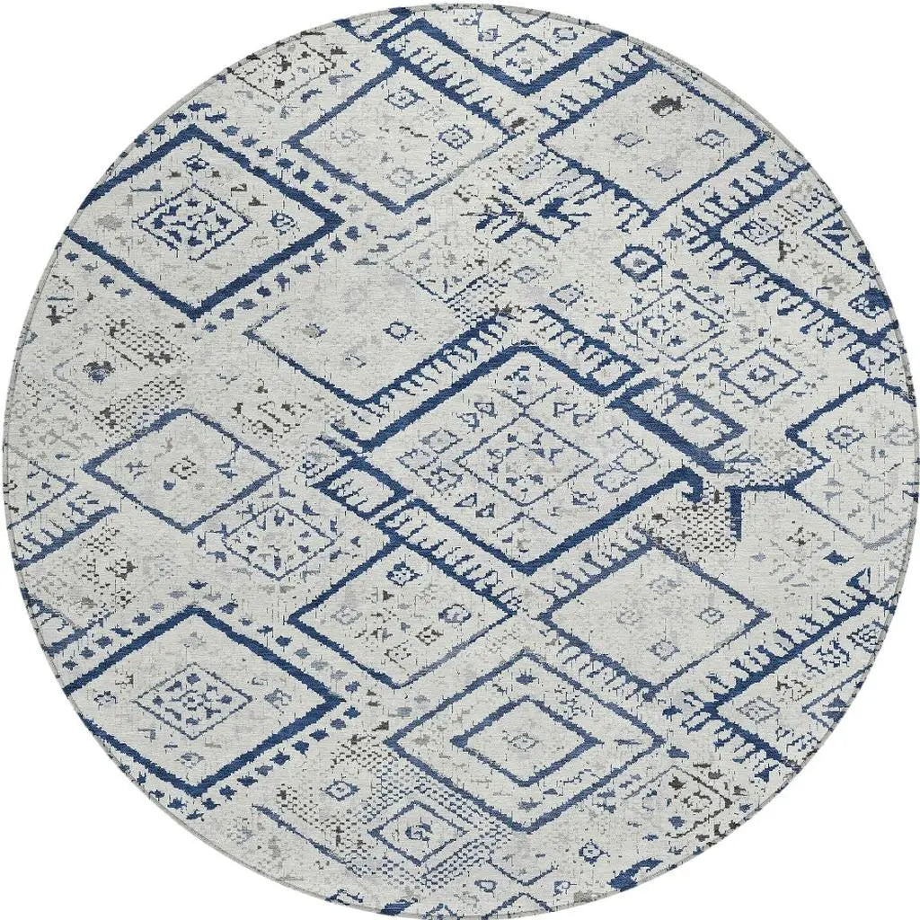 8' Ivory And Navy Blue Round Geometric Washable Indoor Outdoor Area Rug Homeroots Outdoor