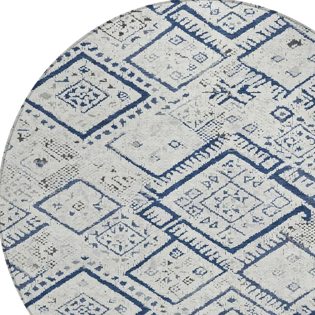 8' Ivory And Navy Blue Round Geometric Washable Indoor Outdoor Area Rug Homeroots Outdoor