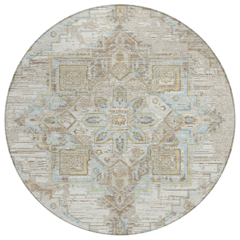 8' Ivory And Orange Round Oriental Washable Indoor Outdoor Area Rug Homeroots Outdoor