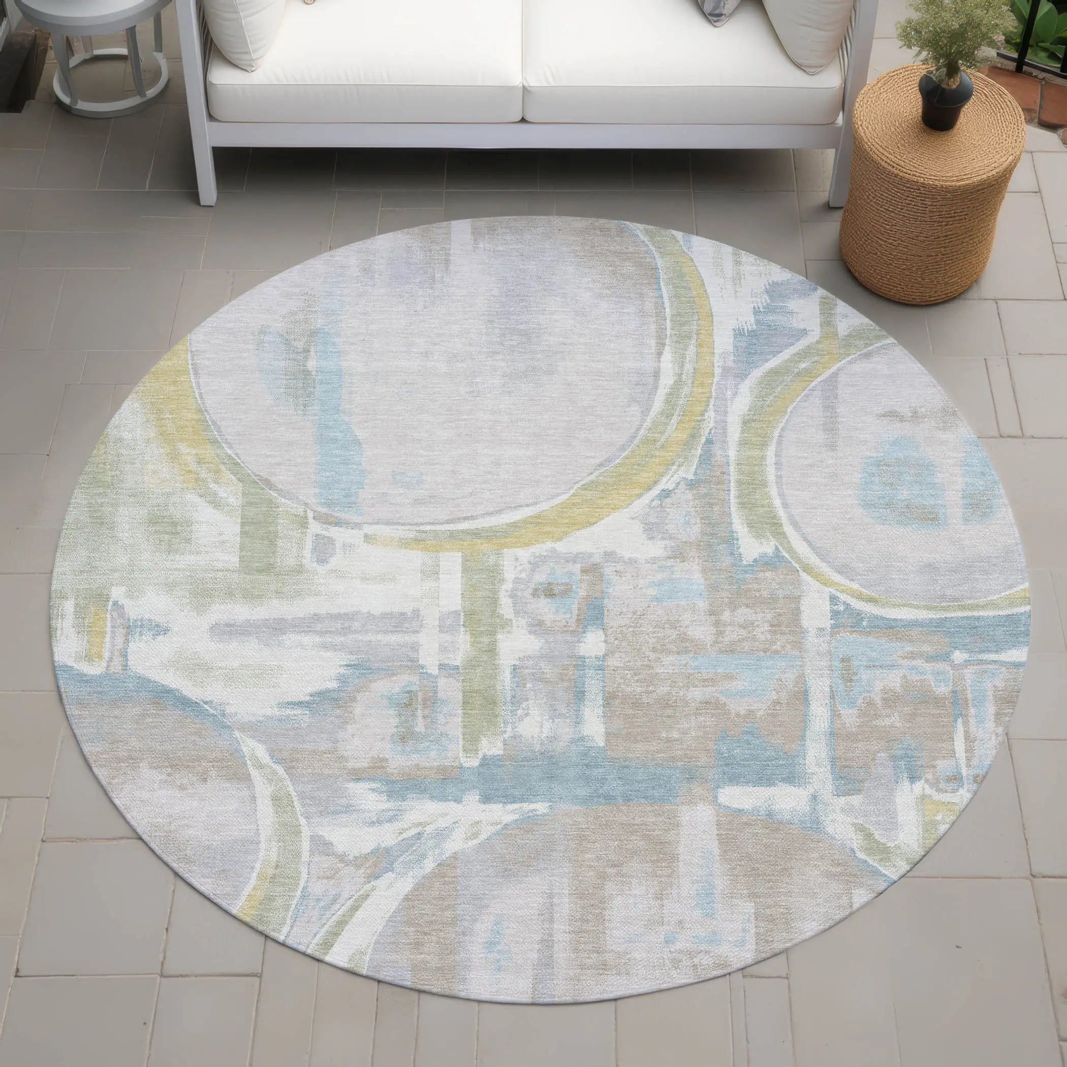 8' Ivory And Pearl Round Abstract Washable Indoor Outdoor Area Rug Homeroots Outdoor