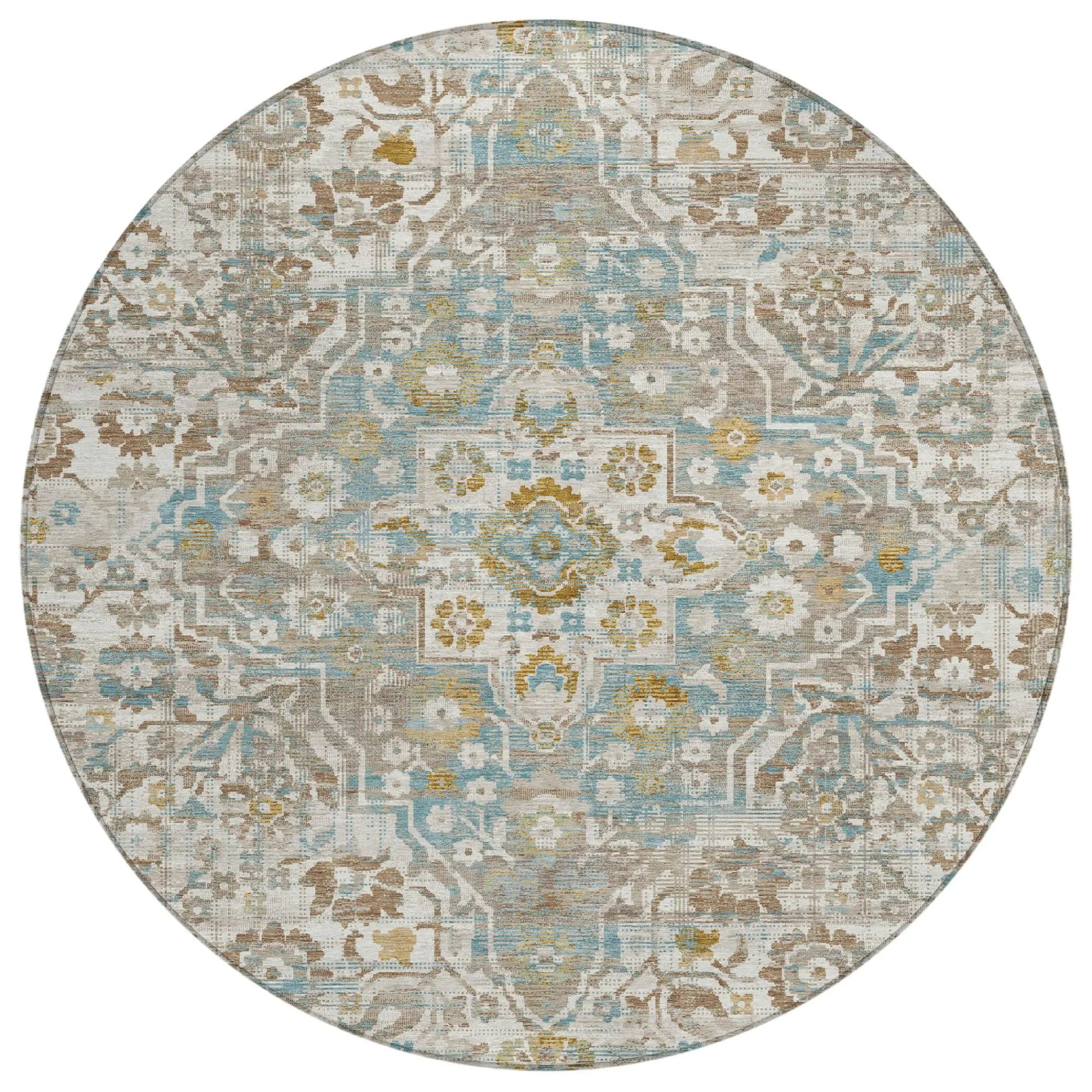 8' Ivory And Pewter Round Floral Medallion Washable Indoor Outdoor Area Rug Homeroots Outdoor