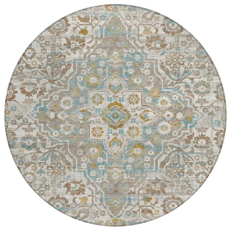 8' Ivory And Pewter Round Floral Medallion Washable Indoor Outdoor Area Rug Homeroots Outdoor