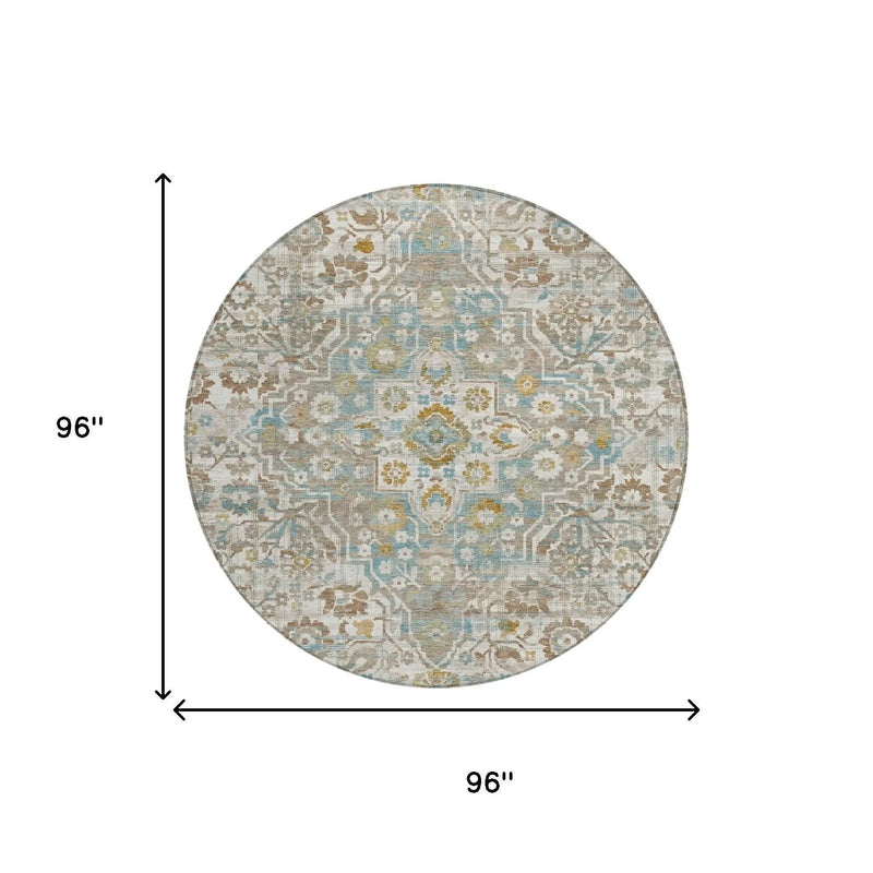 8' Ivory And Pewter Round Floral Medallion Washable Indoor Outdoor Area Rug Homeroots Outdoor