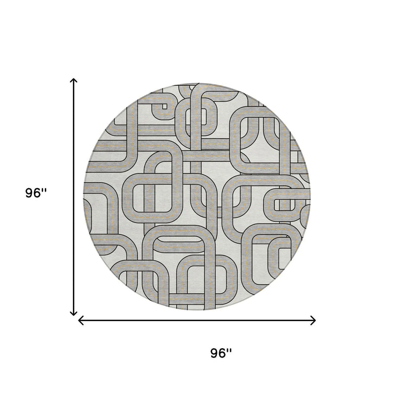 8' Ivory And Pewter Round Geometric Washable Indoor Outdoor Area Rug Homeroots Outdoor