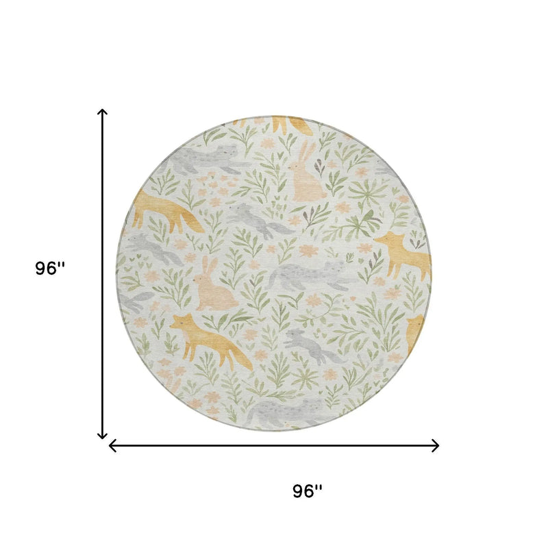 8' Ivory And Pink Round Botanical Leaves Washable Indoor Outdoor Area Rug Homeroots Outdoor