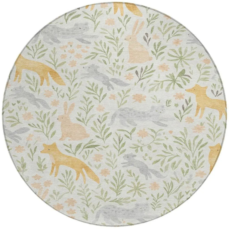 8' Ivory And Pink Round Botanical Leaves Washable Indoor Outdoor Area Rug Homeroots Outdoor