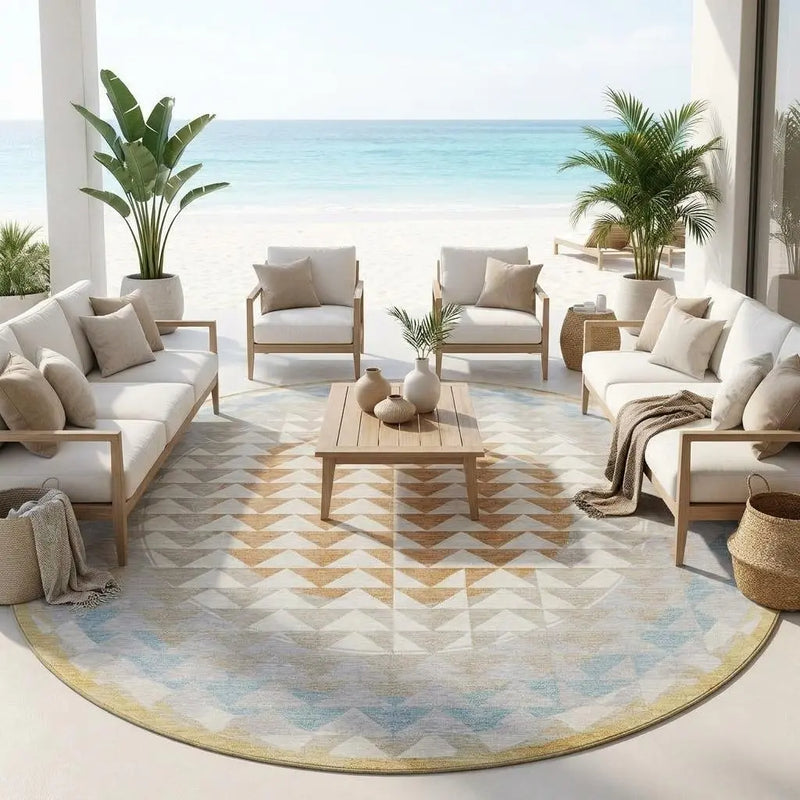8' Ivory And Plum Round Geometric Washable Indoor Outdoor Area Rug Homeroots Outdoor