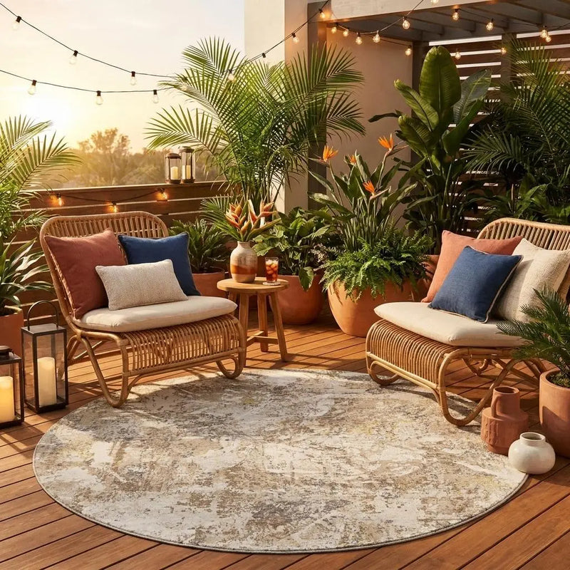 8' Ivory And Silver Round Abstract Washable Indoor Outdoor Area Rug Homeroots Outdoor