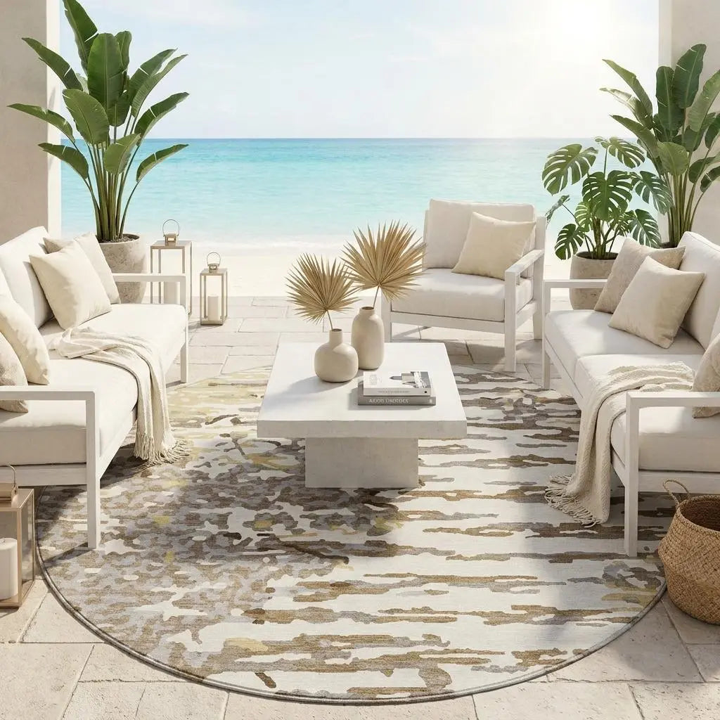 8' Ivory And Silver Round Abstract Washable Indoor Outdoor Area Rug Homeroots Outdoor