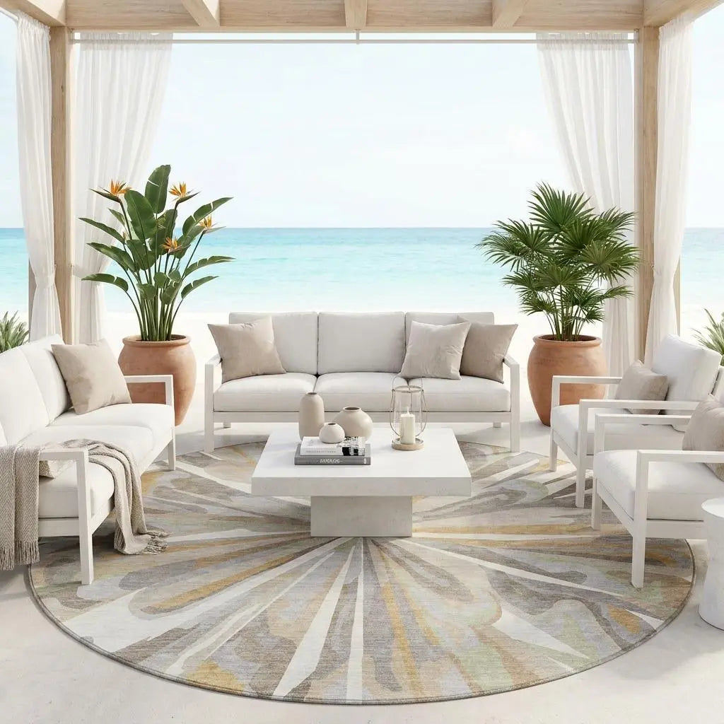 8' Ivory And Silver Round Abstract Washable Indoor Outdoor Area Rug Homeroots Outdoor