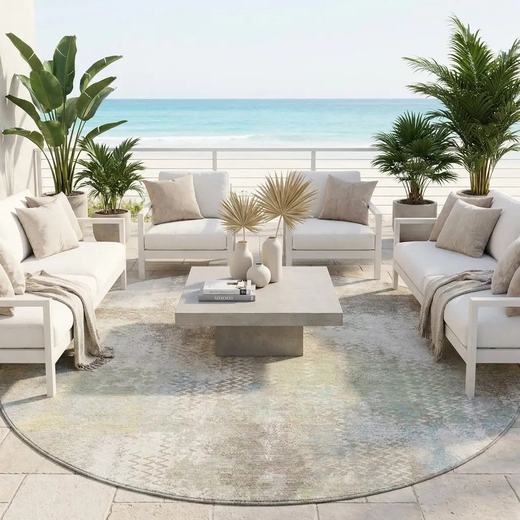 8' Ivory And Silver Round Abstract Washable Indoor Outdoor Area Rug Homeroots Outdoor