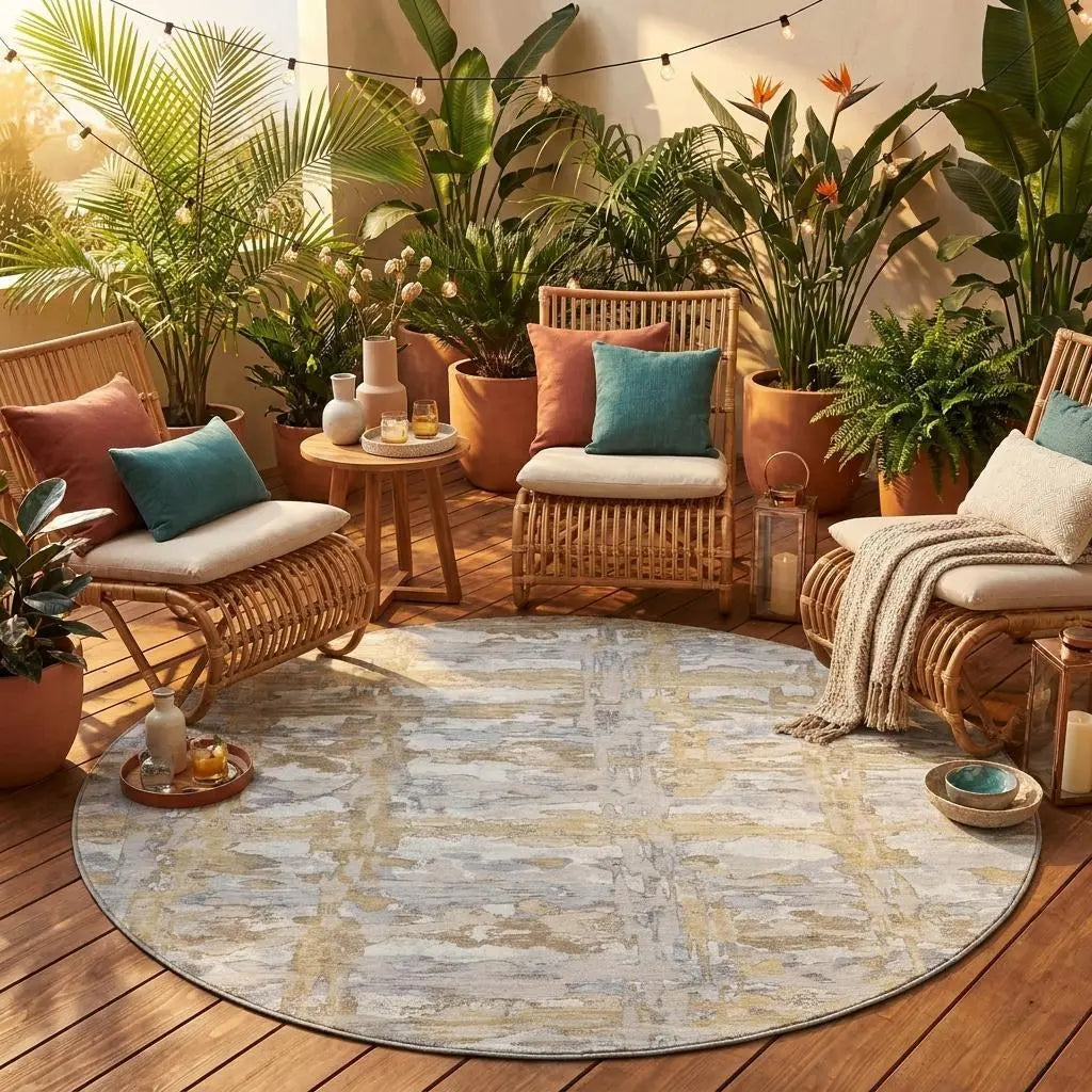 8' Ivory And Silver Round Abstract Washable Indoor Outdoor Area Rug Homeroots Outdoor