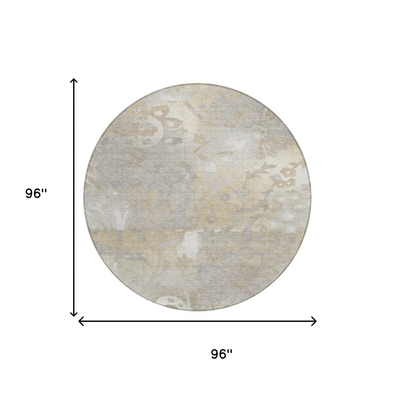 8' Ivory And Silver Round Botanical Leaves Washable Indoor Outdoor Area Rug Homeroots Outdoor