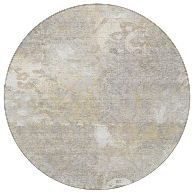 8' Ivory And Silver Round Botanical Leaves Washable Indoor Outdoor Area Rug Homeroots Outdoor