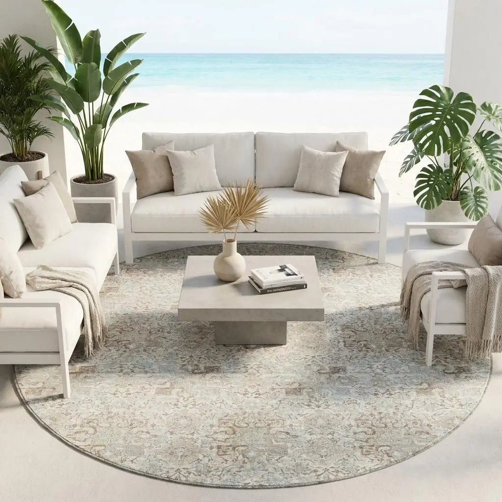 8' Ivory And Silver Round Damask Washable Indoor Outdoor Area Rug Homeroots Outdoor