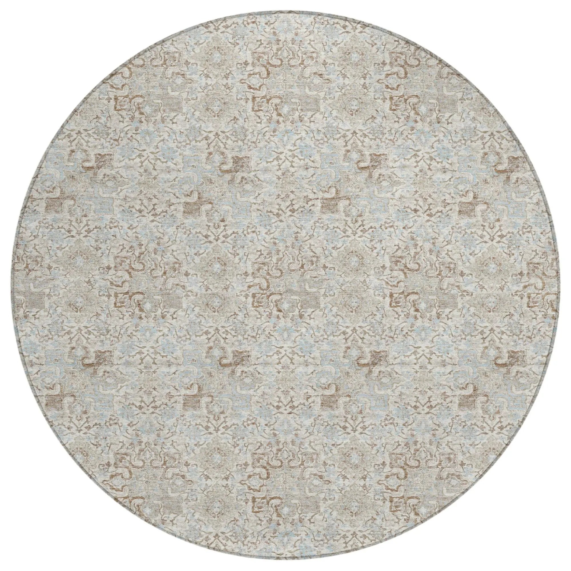 8' Ivory And Silver Round Damask Washable Indoor Outdoor Area Rug Homeroots Outdoor