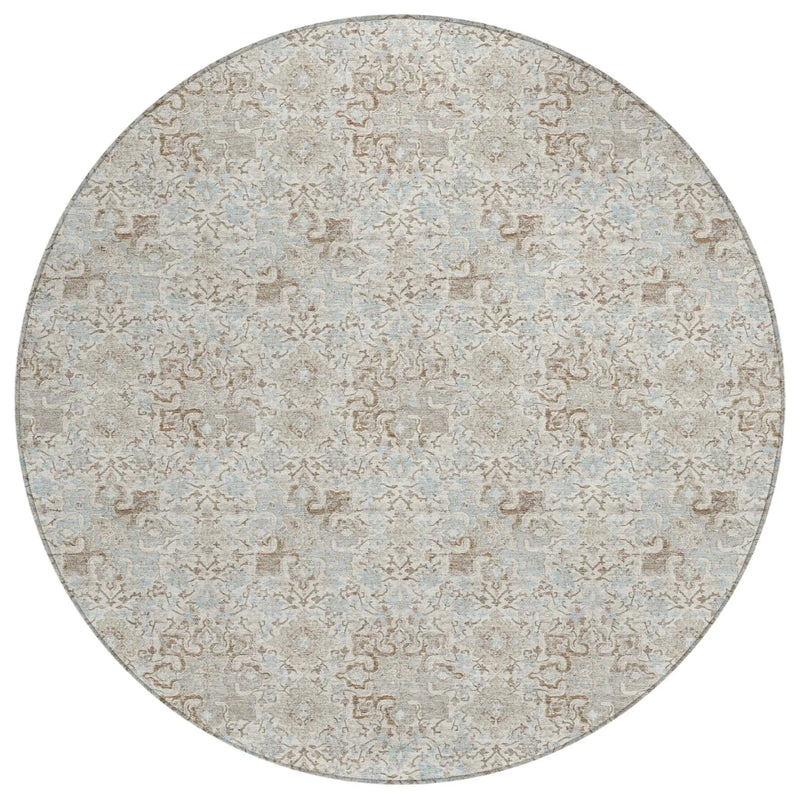8' Ivory And Silver Round Damask Washable Indoor Outdoor Area Rug Homeroots Outdoor