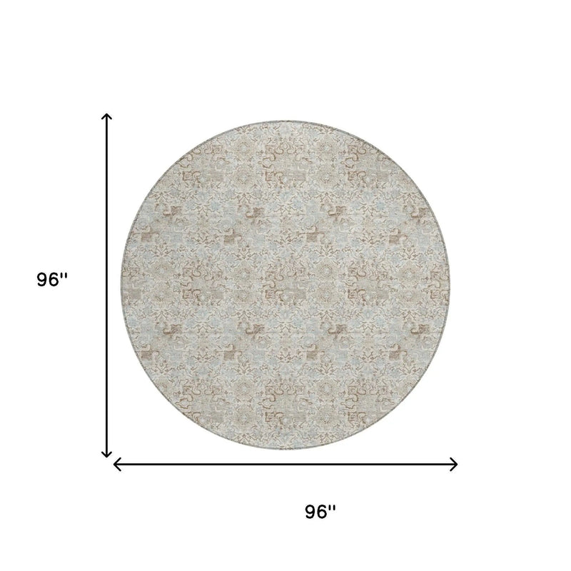8' Ivory And Silver Round Damask Washable Indoor Outdoor Area Rug Homeroots Outdoor