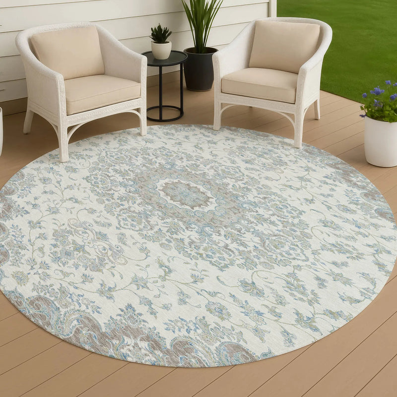 8' Ivory And Silver Round Floral Medallion Washable Indoor Outdoor Area Rug Homeroots Outdoor