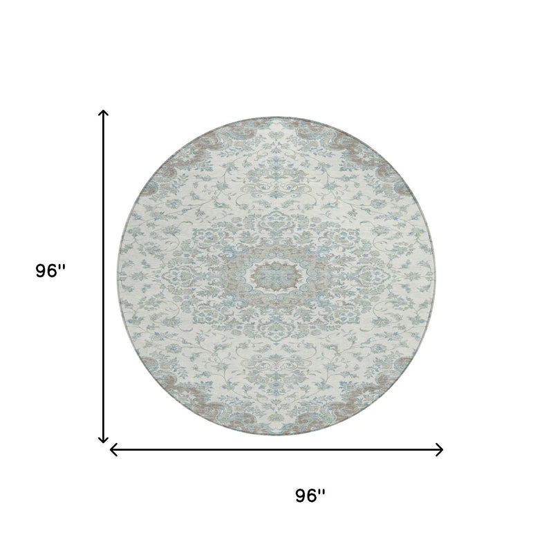 8' Ivory And Silver Round Floral Medallion Washable Indoor Outdoor Area Rug Homeroots Outdoor