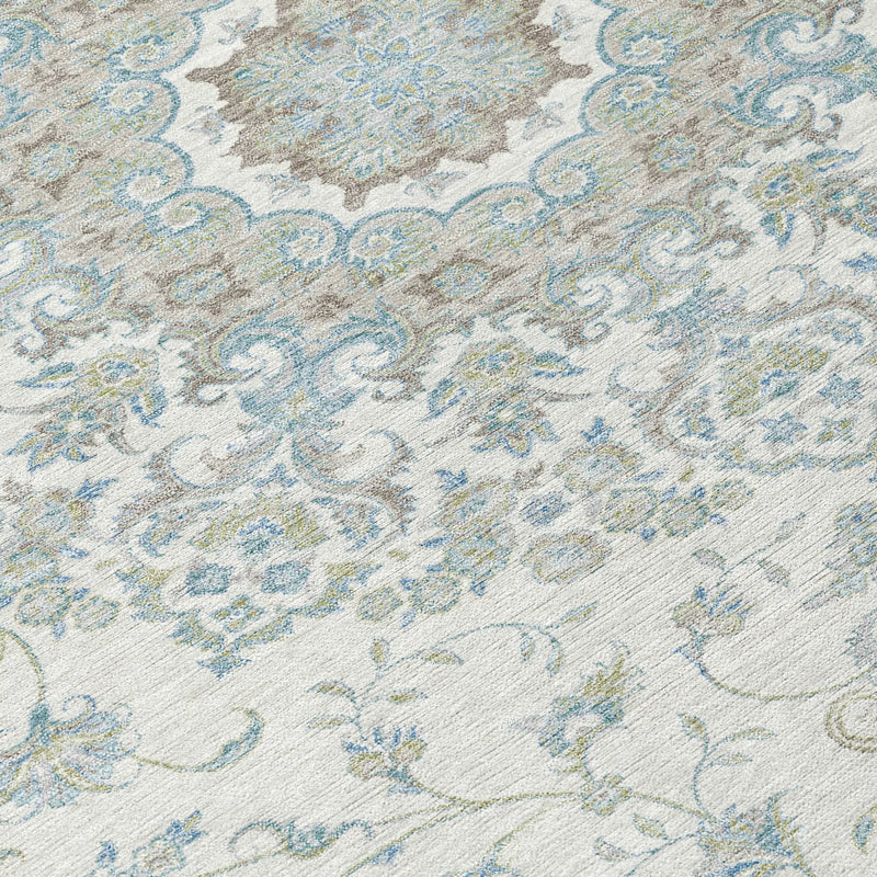 8' Ivory And Silver Round Floral Medallion Washable Indoor Outdoor Area Rug Homeroots Outdoor