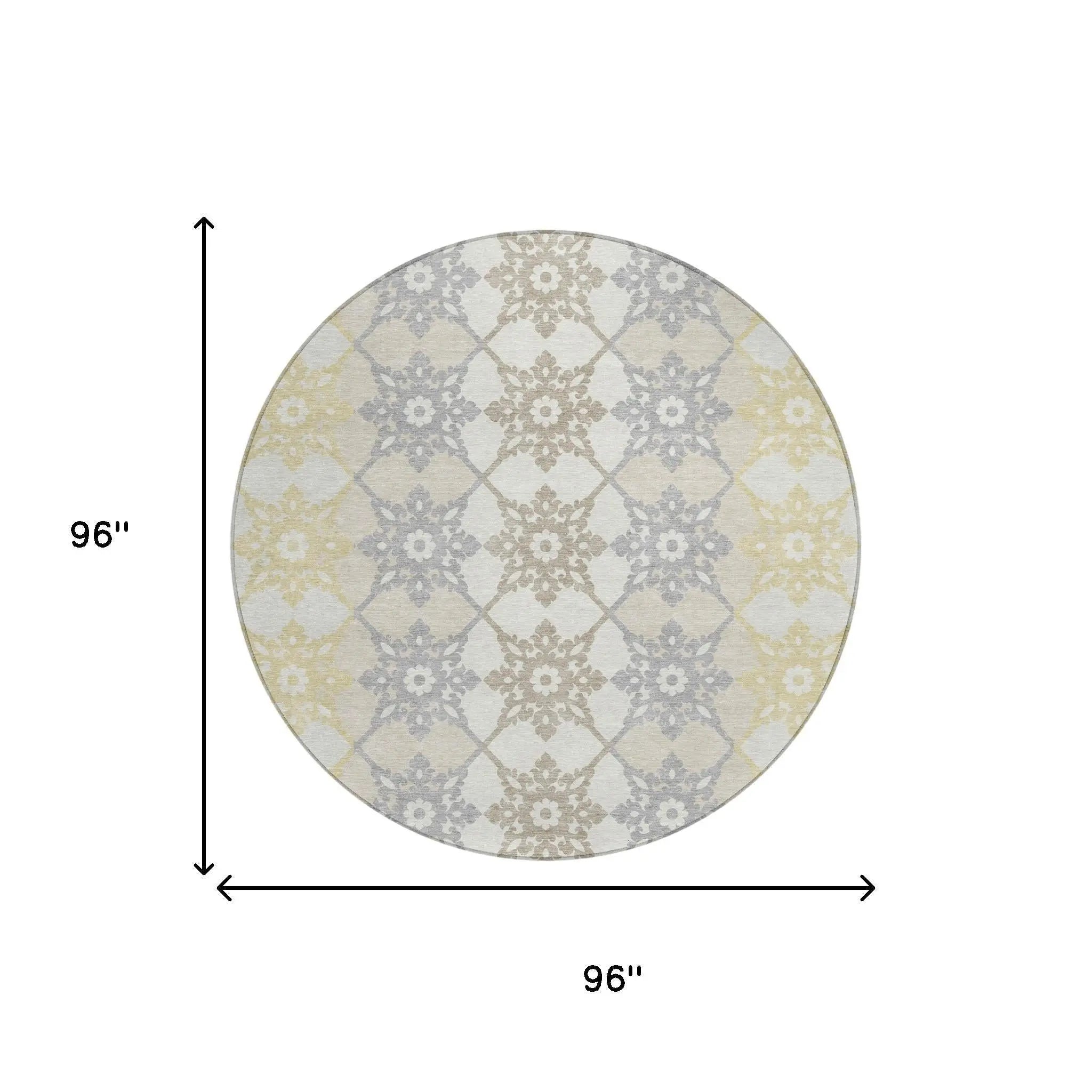 8' Ivory And Silver Round Floral Medallion Washable Indoor Outdoor Area Rug Homeroots Outdoor