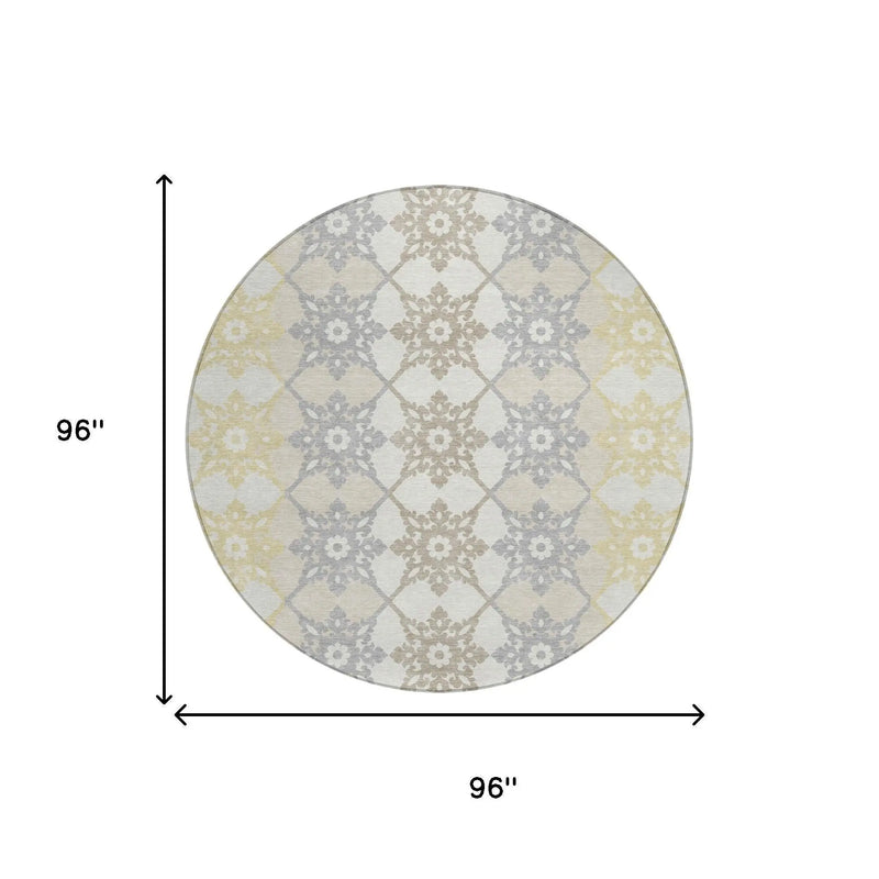 8' Ivory And Silver Round Floral Medallion Washable Indoor Outdoor Area Rug Homeroots Outdoor