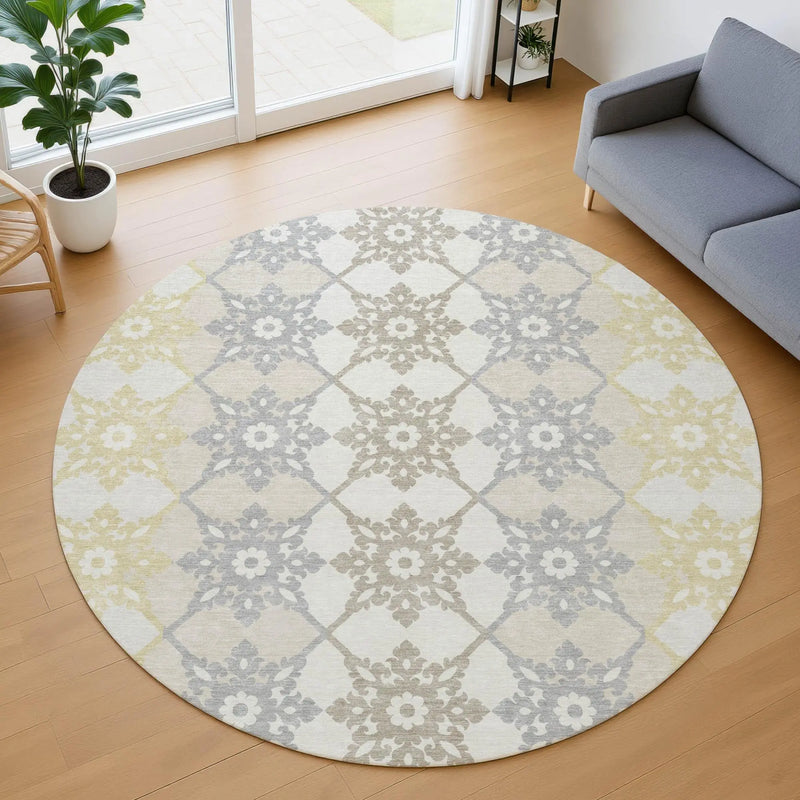 8' Ivory And Silver Round Floral Medallion Washable Indoor Outdoor Area Rug Homeroots Outdoor