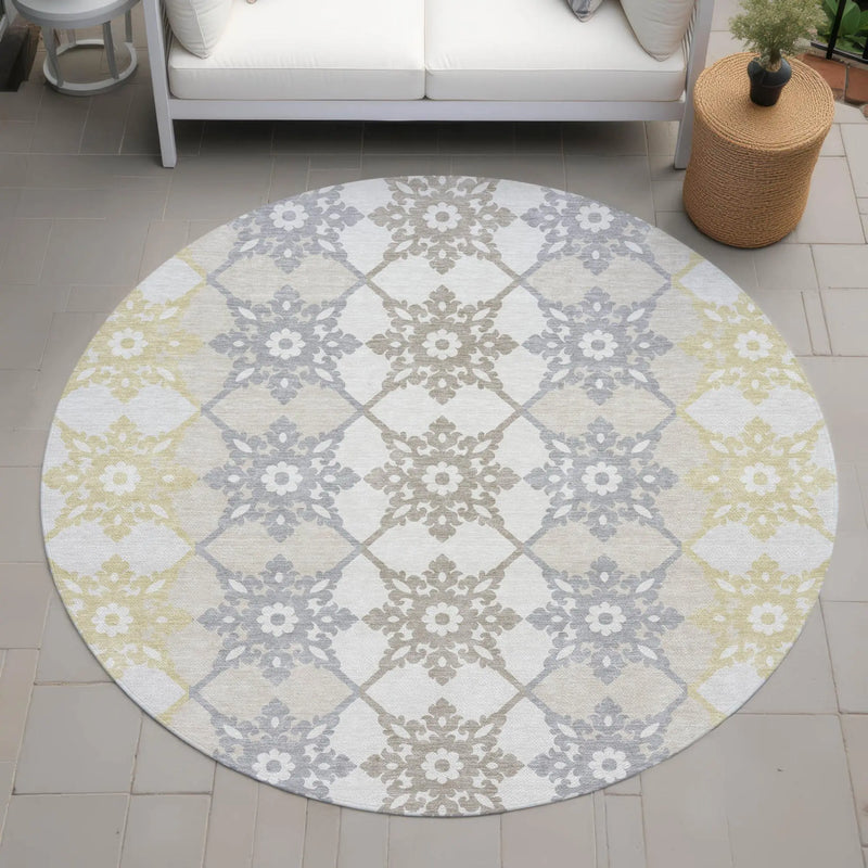 8' Ivory And Silver Round Floral Medallion Washable Indoor Outdoor Area Rug Homeroots Outdoor