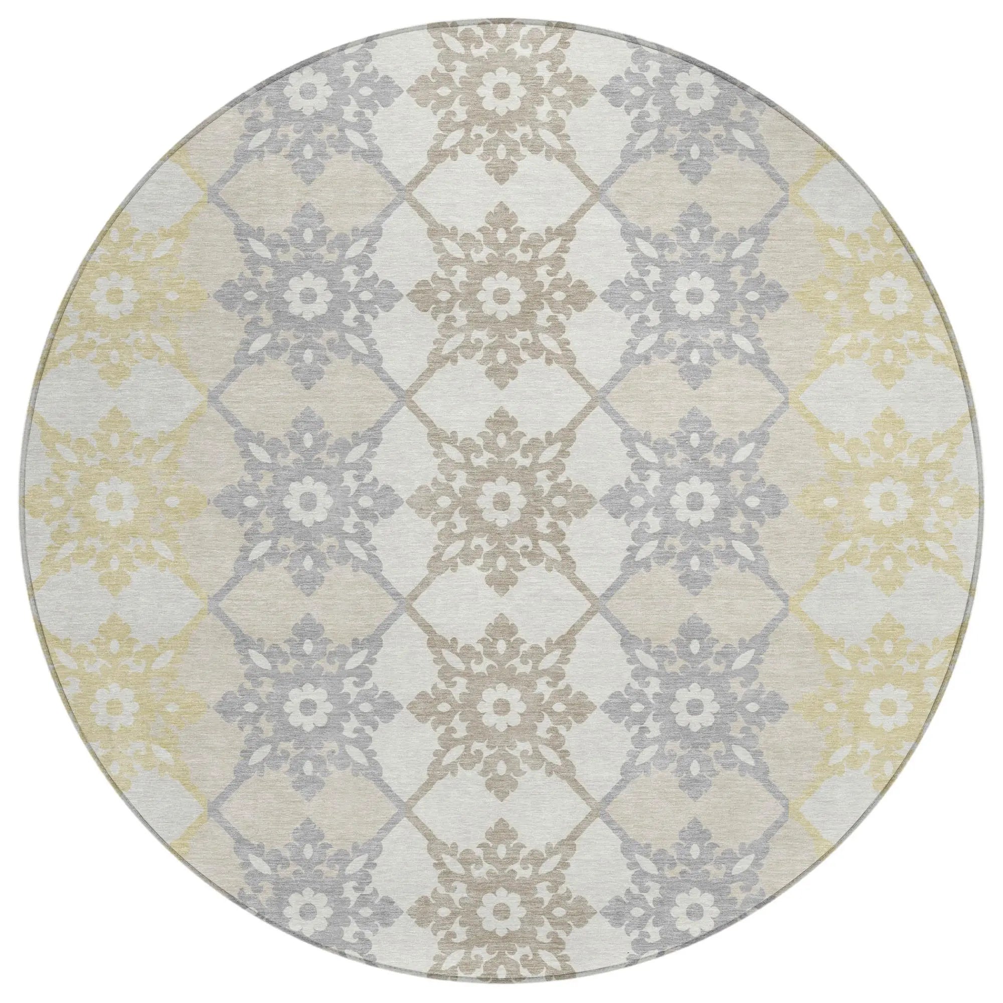 8' Ivory And Silver Round Floral Medallion Washable Indoor Outdoor Area Rug Homeroots Outdoor