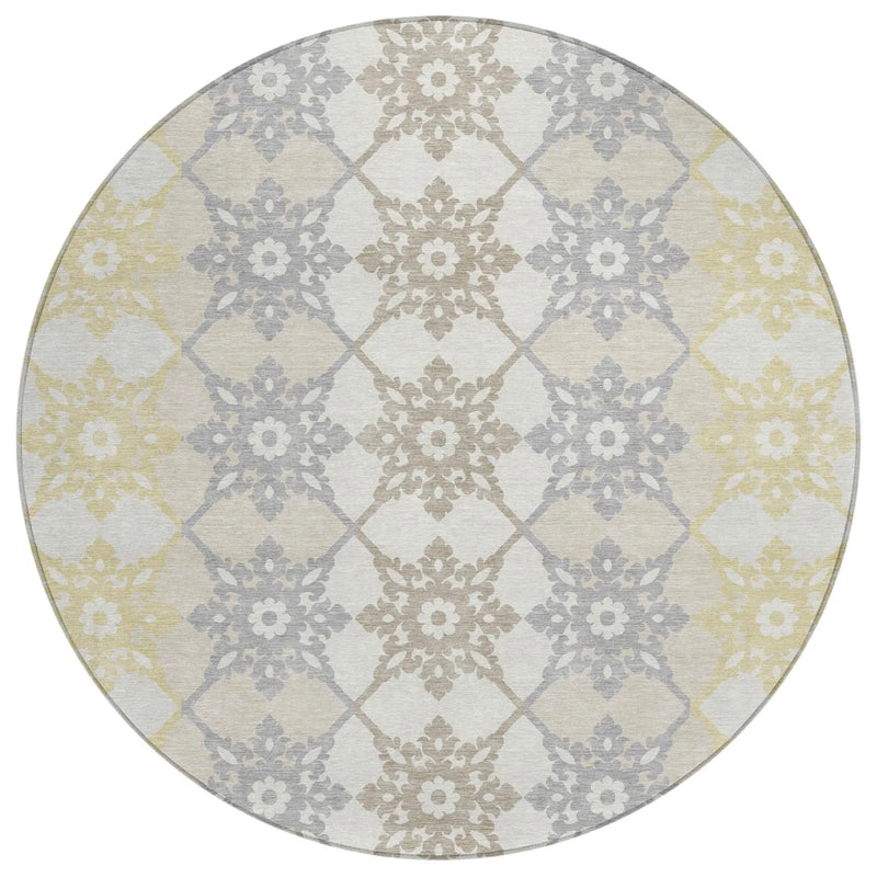 8' Ivory And Silver Round Floral Medallion Washable Indoor Outdoor Area Rug Homeroots Outdoor