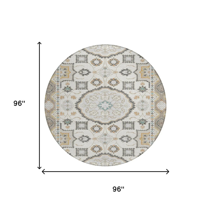 8' Ivory And Silver Round Floral Medallion Washable Indoor Outdoor Area Rug Homeroots Outdoor