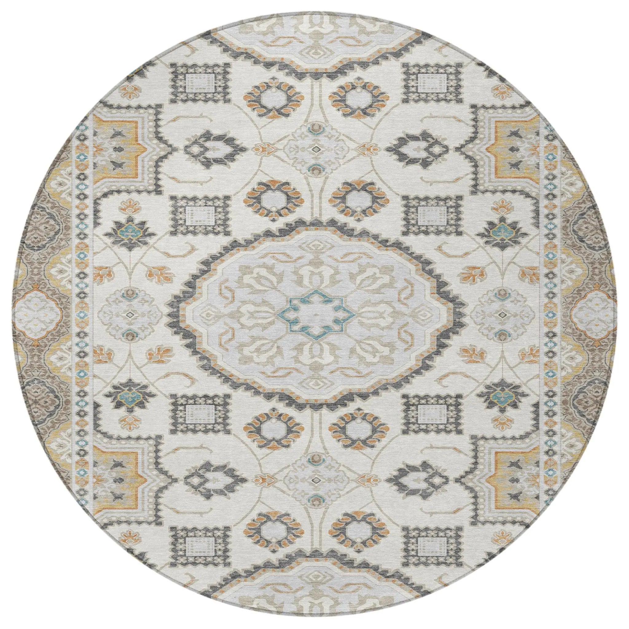8' Ivory And Silver Round Floral Medallion Washable Indoor Outdoor Area Rug Homeroots Outdoor