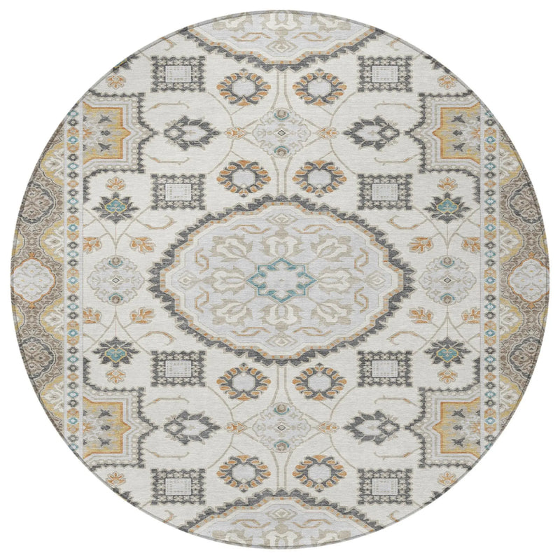 8' Ivory And Silver Round Floral Medallion Washable Indoor Outdoor Area Rug Homeroots Outdoor