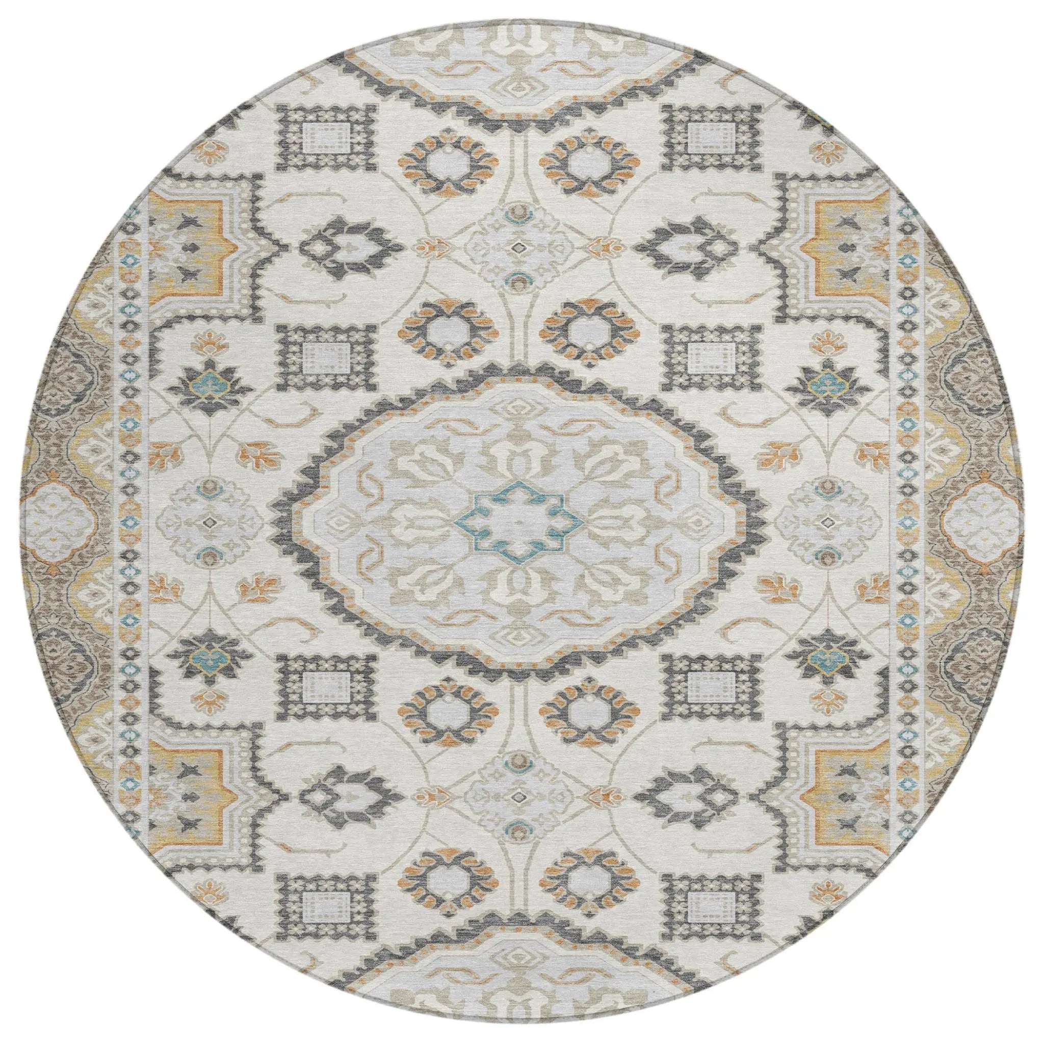 8' Ivory And Silver Round Floral Medallion Washable Indoor Outdoor Area Rug Homeroots Outdoor