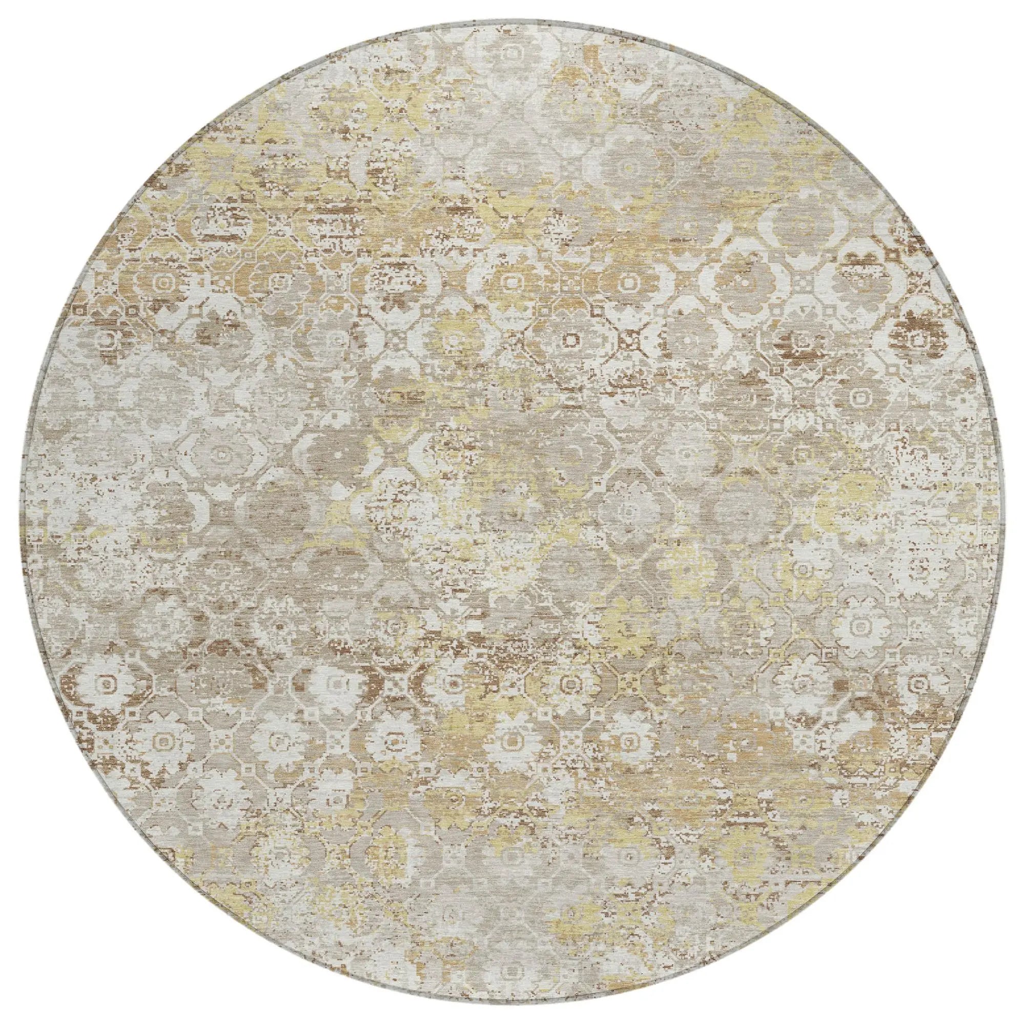 8' Ivory And Silver Round Floral Medallion Washable Indoor Outdoor Area Rug Homeroots Outdoor