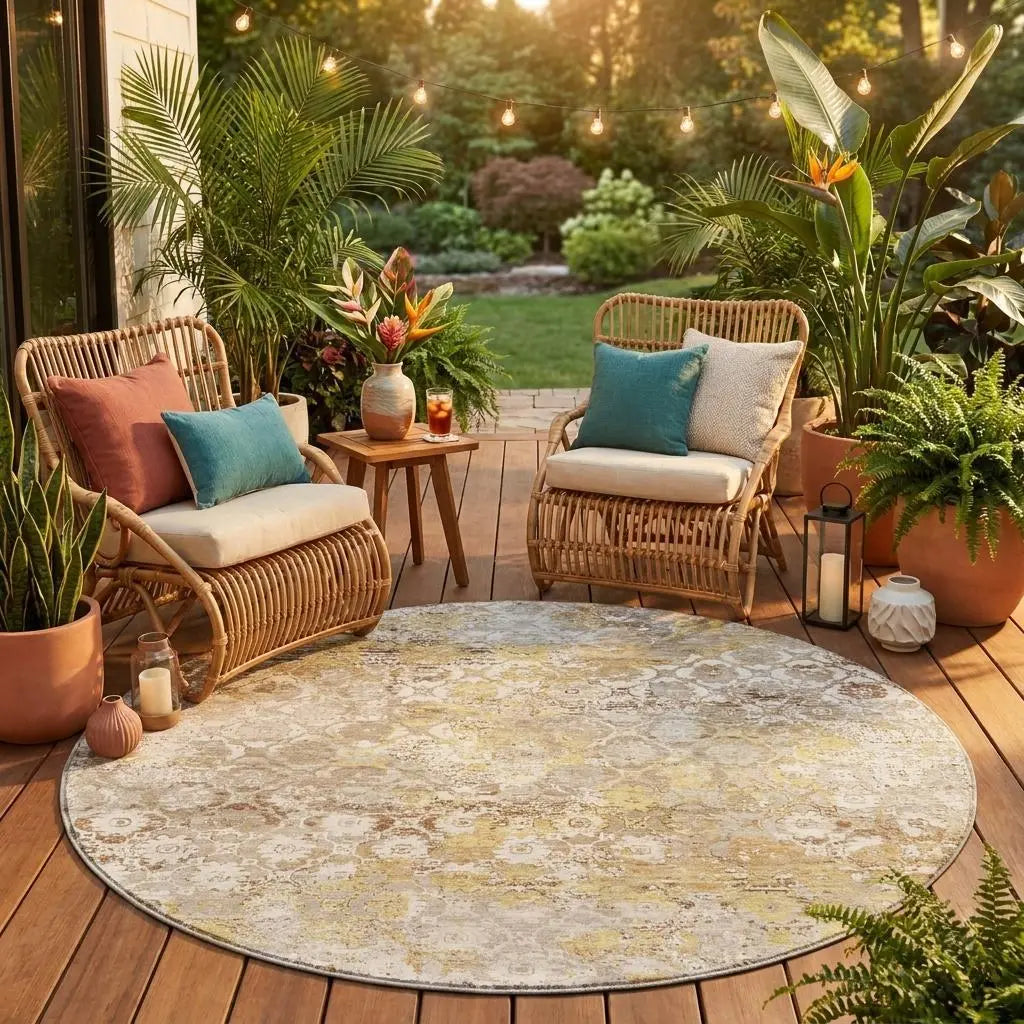 8' Ivory And Silver Round Floral Medallion Washable Indoor Outdoor Area Rug Homeroots Outdoor