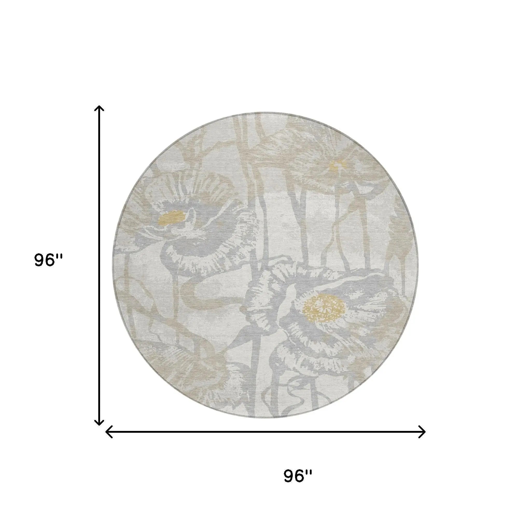 8' Ivory And Silver Round Floral Washable Indoor Outdoor Area Rug Homeroots Outdoor