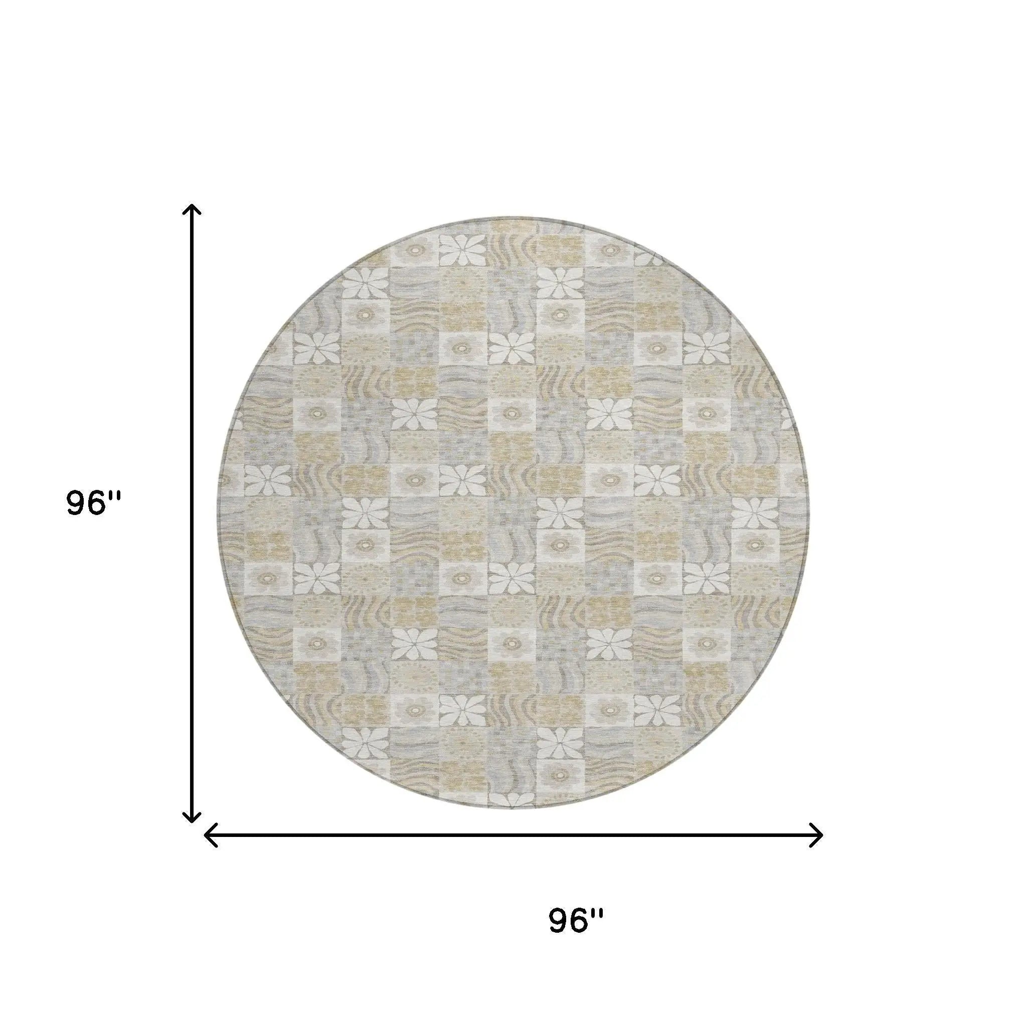 8' Ivory And Silver Round Floral Washable Indoor Outdoor Area Rug Homeroots Outdoor