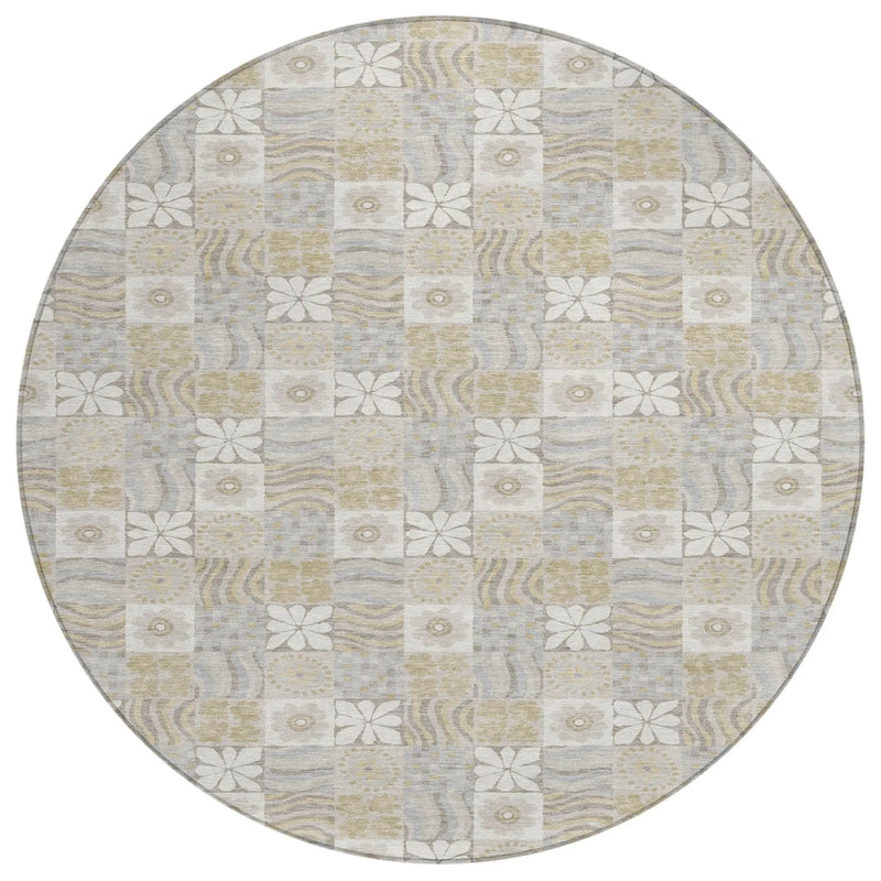 8' Ivory And Silver Round Floral Washable Indoor Outdoor Area Rug Homeroots Outdoor
