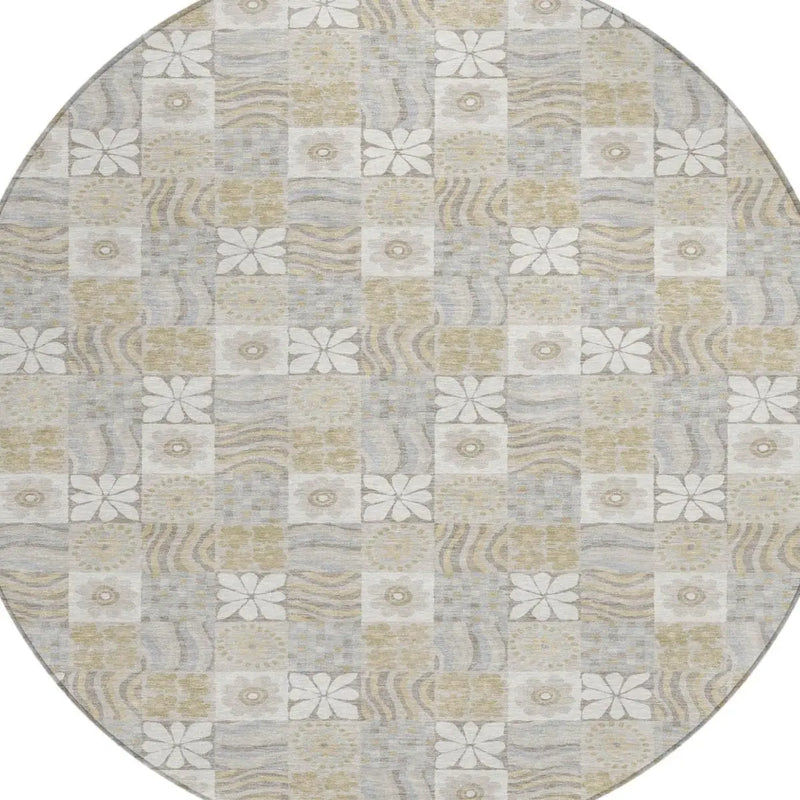 8' Ivory And Silver Round Floral Washable Indoor Outdoor Area Rug Homeroots Outdoor