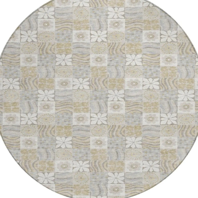 8' Ivory And Silver Round Floral Washable Indoor Outdoor Area Rug Homeroots Outdoor
