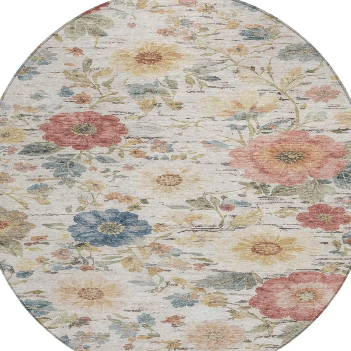 8' Ivory And Silver Round Floral Washable Indoor Outdoor Area Rug Homeroots Outdoor