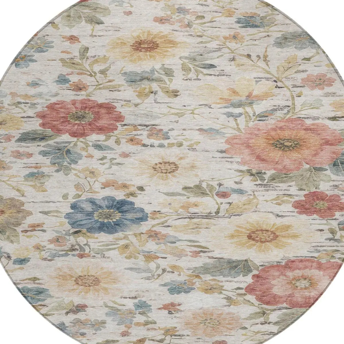 8' Ivory And Silver Round Floral Washable Indoor Outdoor Area Rug Homeroots Outdoor