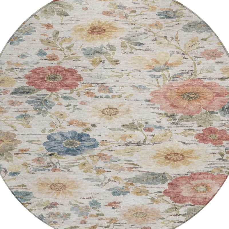 8' Ivory And Silver Round Floral Washable Indoor Outdoor Area Rug Homeroots Outdoor