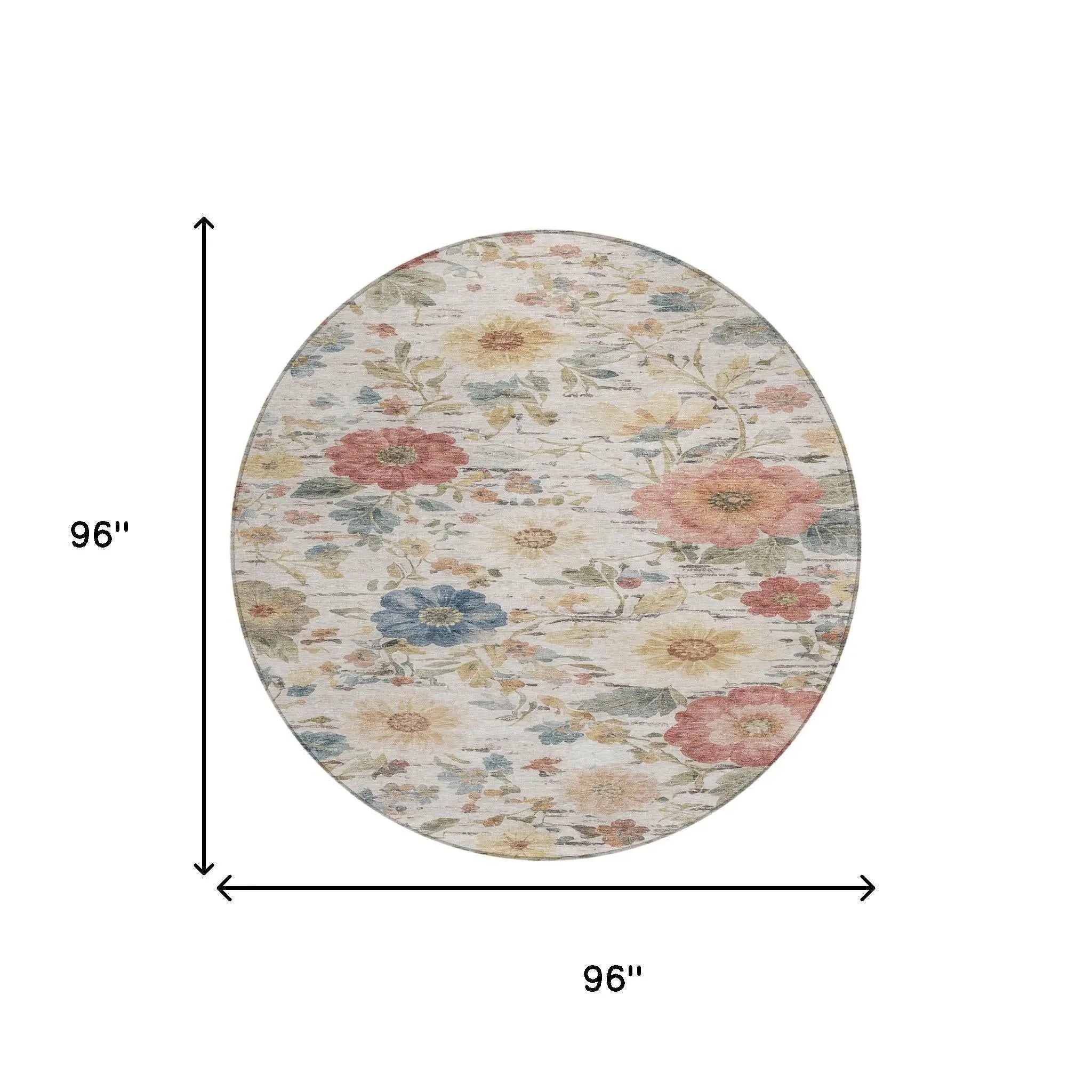 8' Ivory And Silver Round Floral Washable Indoor Outdoor Area Rug Homeroots Outdoor
